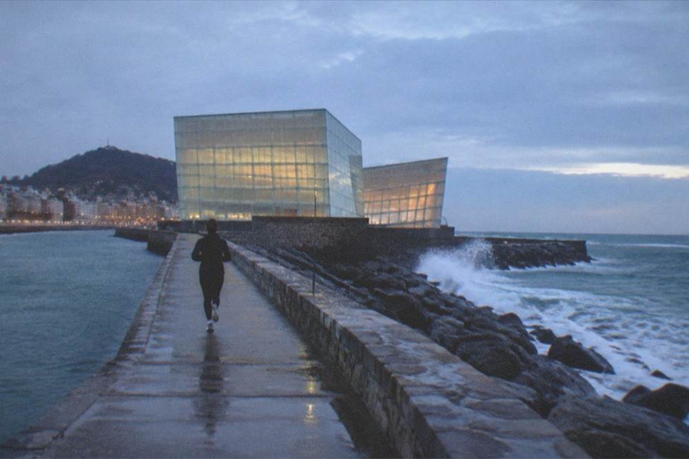 Evening light on the Kursaal conference centre glass cubes beside the Urumea river mouth