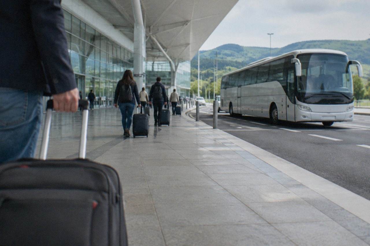 A long-distance coach parked at an airport terminal curb with hills behind it