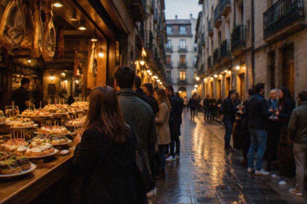 A narrow Old Town street in San Sebastián at dusk with pintxo bar lights on the ground floors and hotel windows above