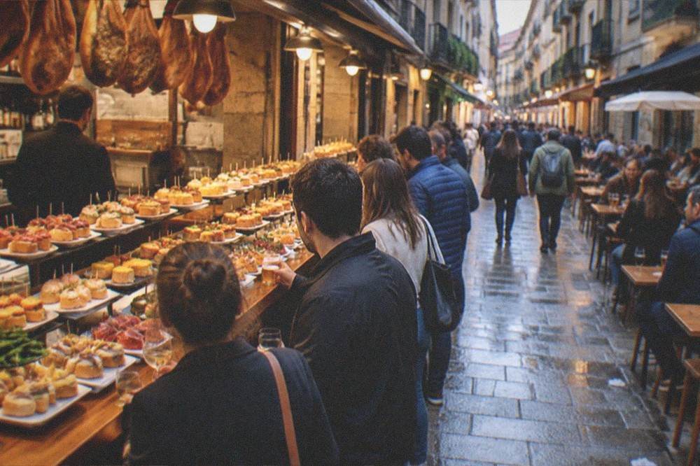 Evening light on a pintxo bar street in the Old Town of San Sebastián with tables outside and people walking