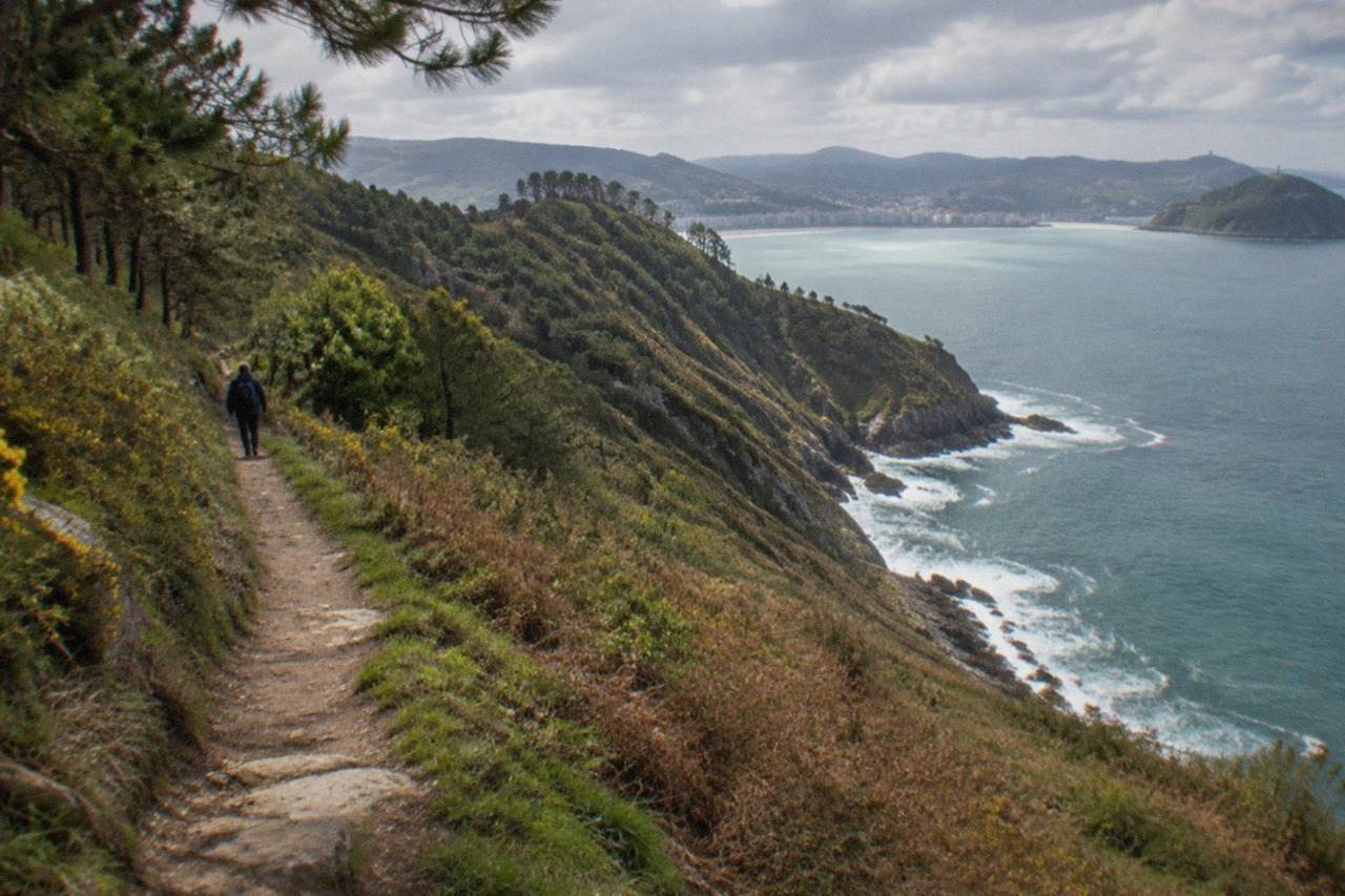 Coastal walking path above the Bay of Biscay with green hills dropping to the sea
