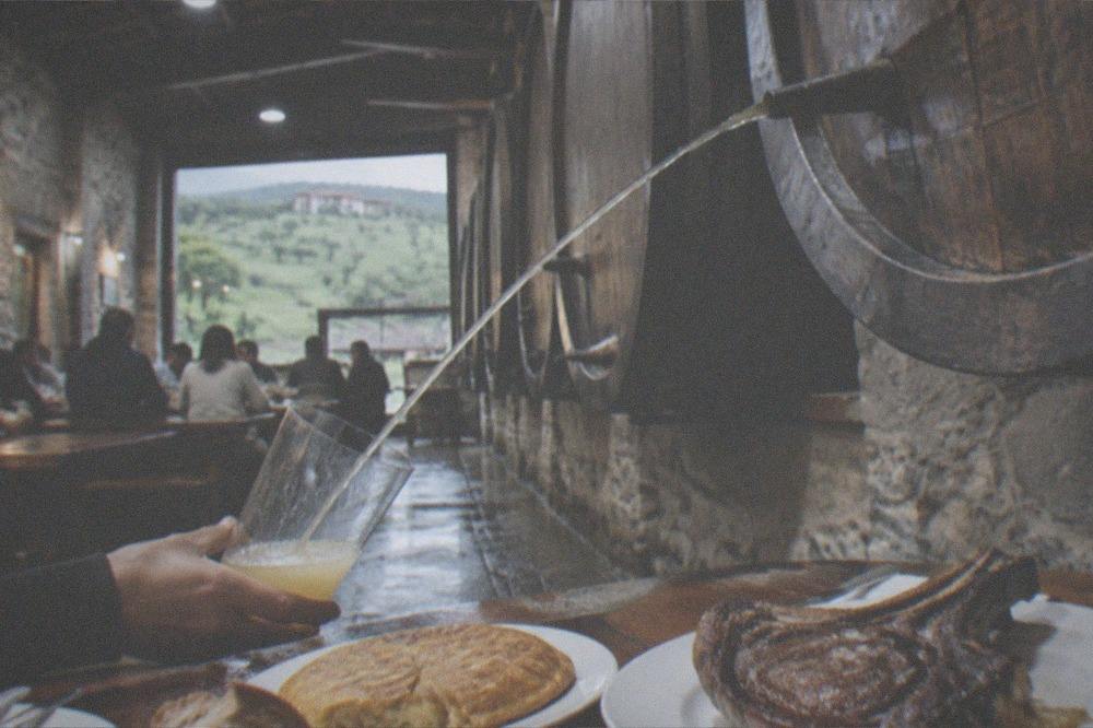 An apple orchard on green hills above a Basque farmhouse
