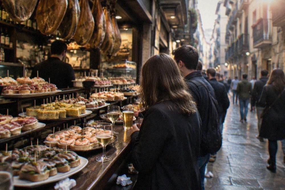 Narrow street in the Parte Vieja old quarter with pintxo bars and balconied buildings
