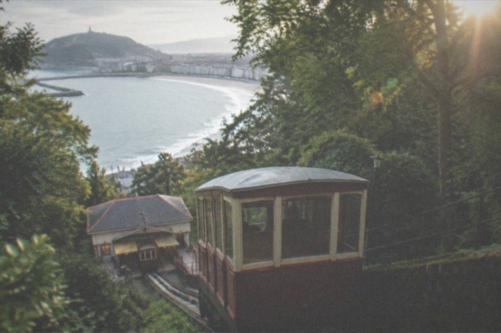 The wooden funicular cars of Monte Igueldo at the lower station