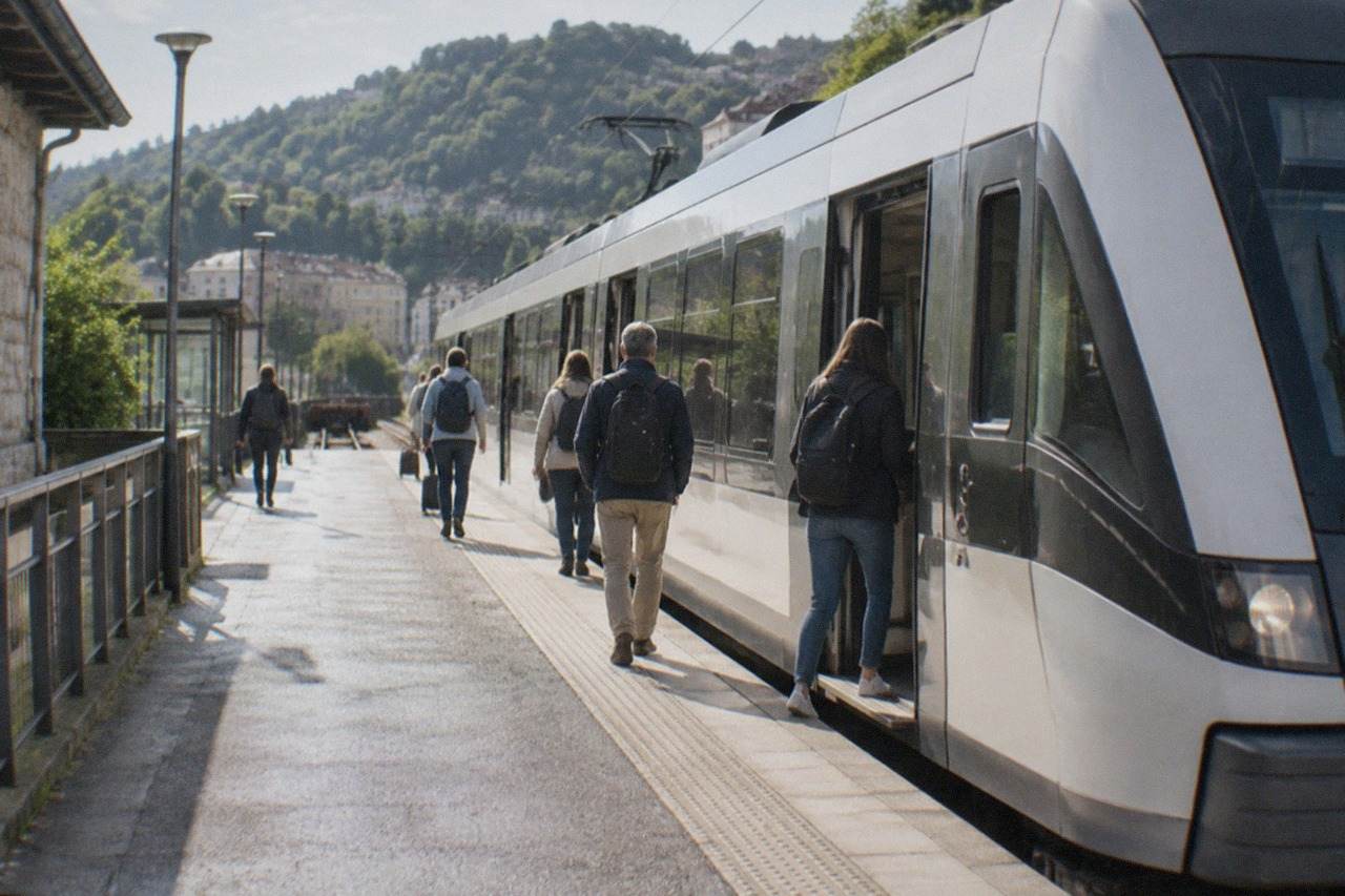 A modern Euskotren train at a station platform in San Sebastián with hills in the background