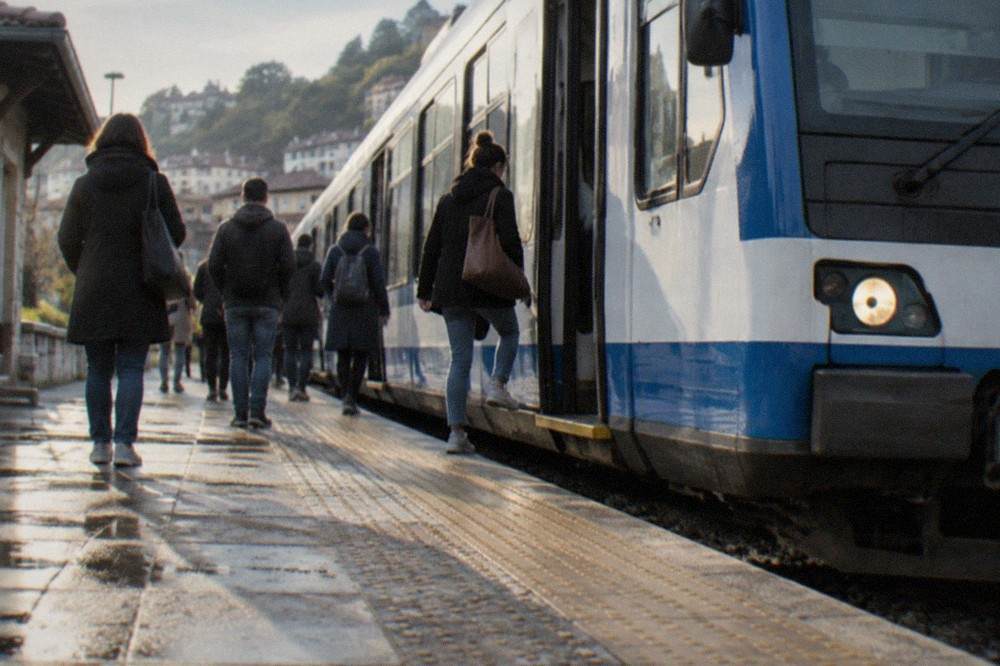 Passengers waiting on a narrow platform beside a white and blue Euskotren train