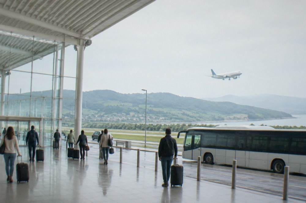 Passenger plane descending over green hills toward a coastal airport in northern Spain
