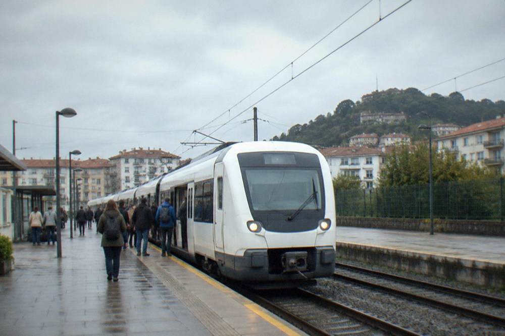 A white Euskotren Topo train at a station platform in the Basque Country