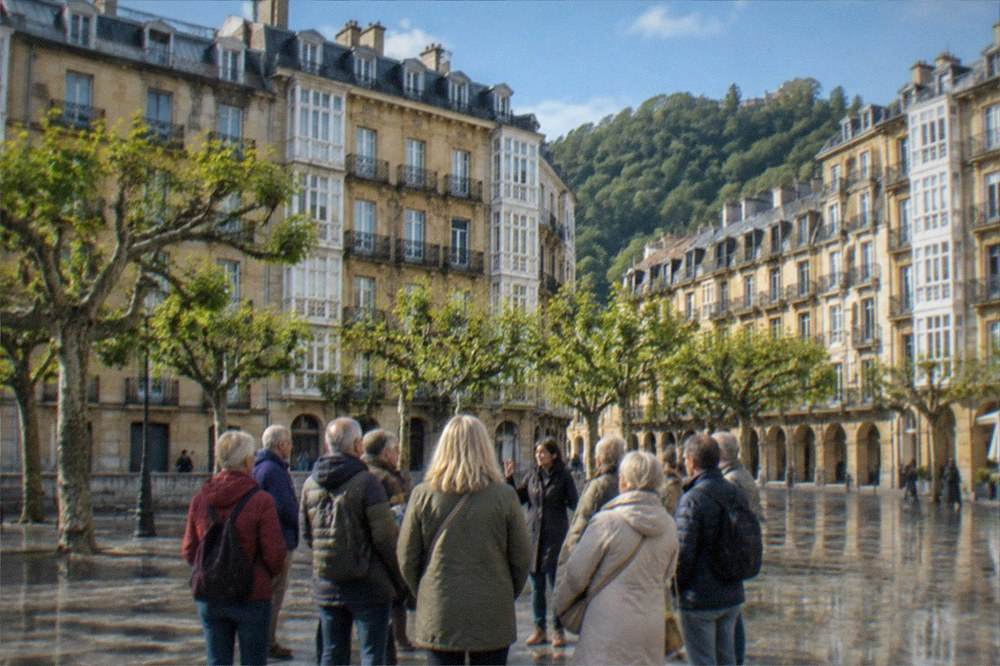 A guided walking group listening to a guide in a plaza in the Old Town of San Sebastián