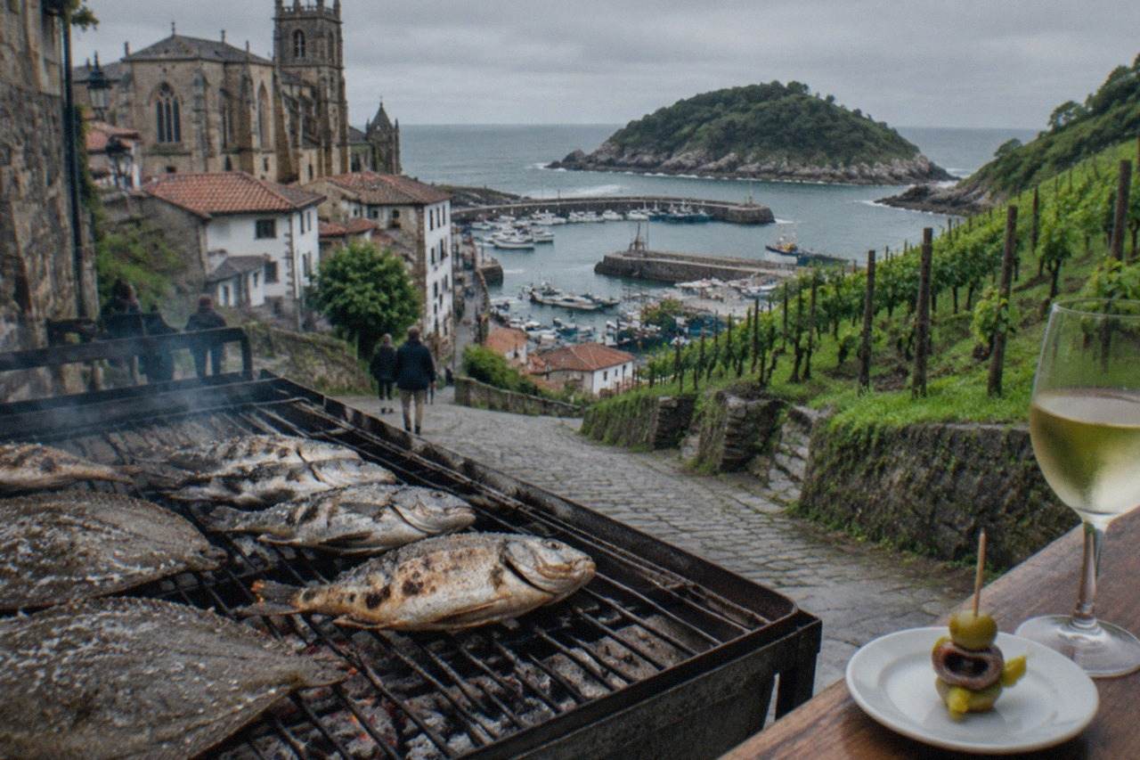 A gilda pintxo on a bar top in San Sebastián, an anchovy, olive and pickled chilli on a skewer beside a glass of txakoli