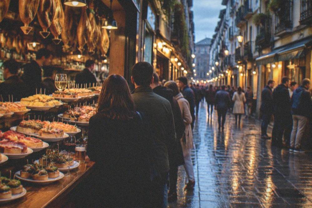 A view along a San Sebastián Old Town street at dusk with pintxo bars lit up and people standing at counters