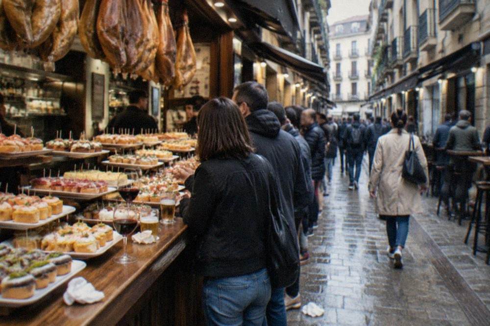 Narrow Old Town street with pintxo bars setting out tables and hanging signage in the evening