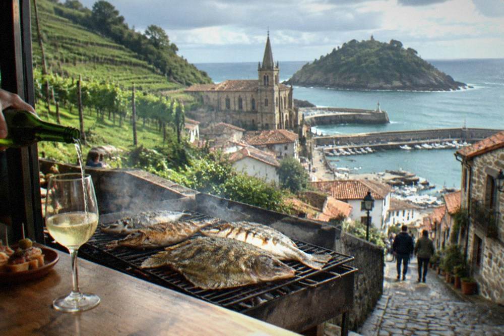 Glass of pale txakoli wine being poured from a height behind a pintxo bar counter