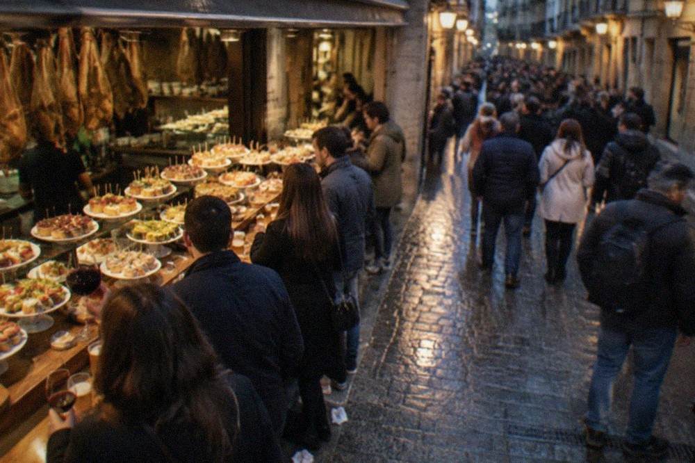 Evening crowds outside pintxo bars in the narrow streets of the Parte Vieja old town, with warm lighting over the stone facades
