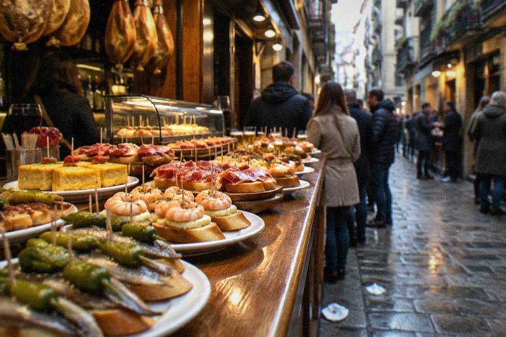 A narrow Old Town street lined with pintxo bars, with people standing at the bar fronts in the evening