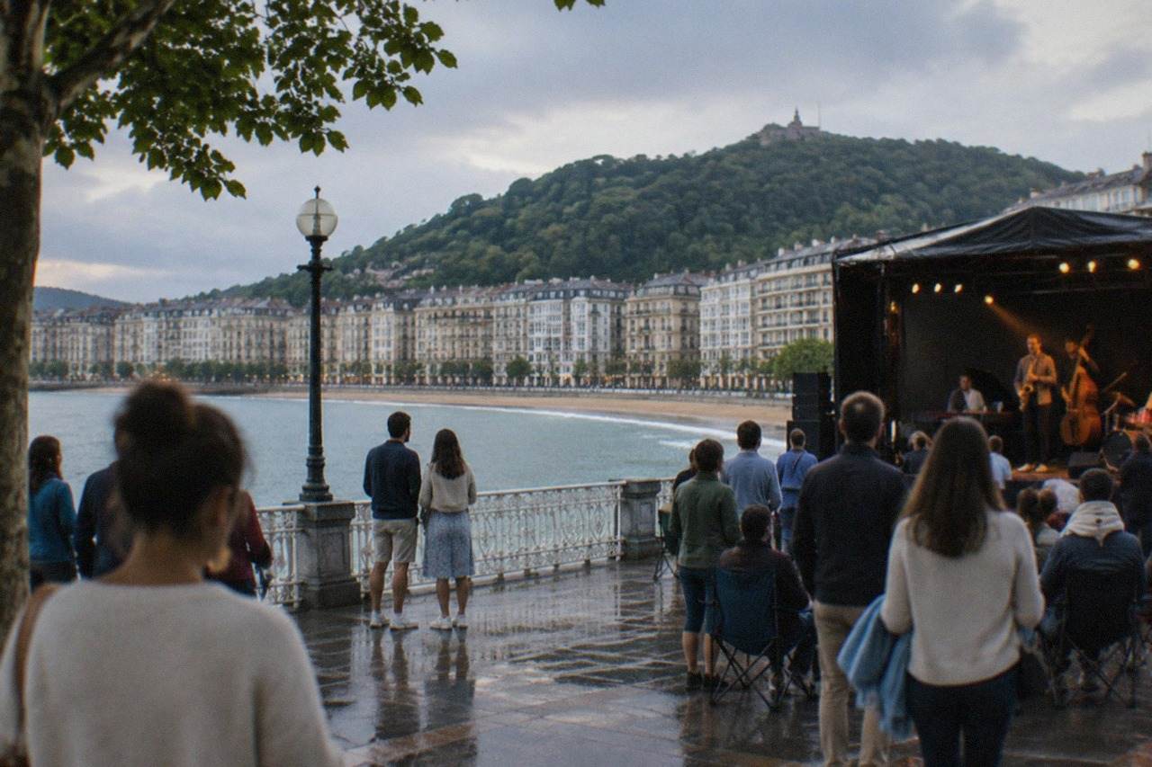 Open-air jazz stage beside a bay at dusk in San Sebastián