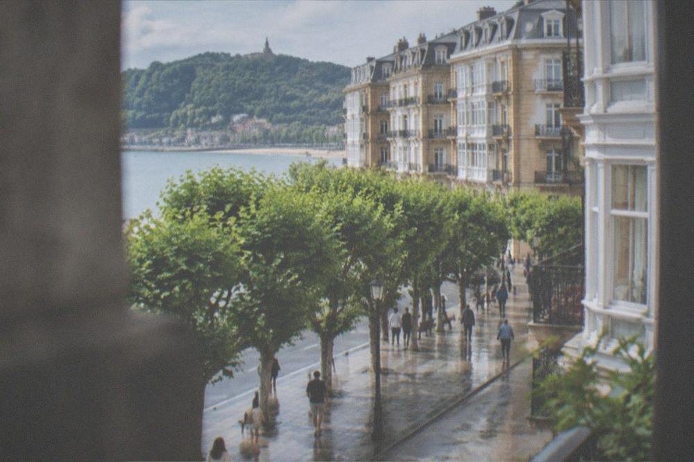 Hotel facades above a tree-lined street near the bay