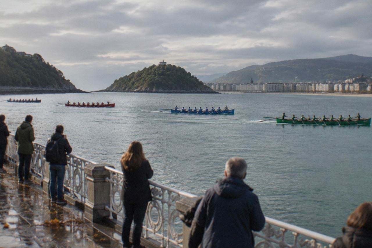 Traditional Basque trainera rowing boats racing across La Concha bay in San Sebastián with spectators along the railing