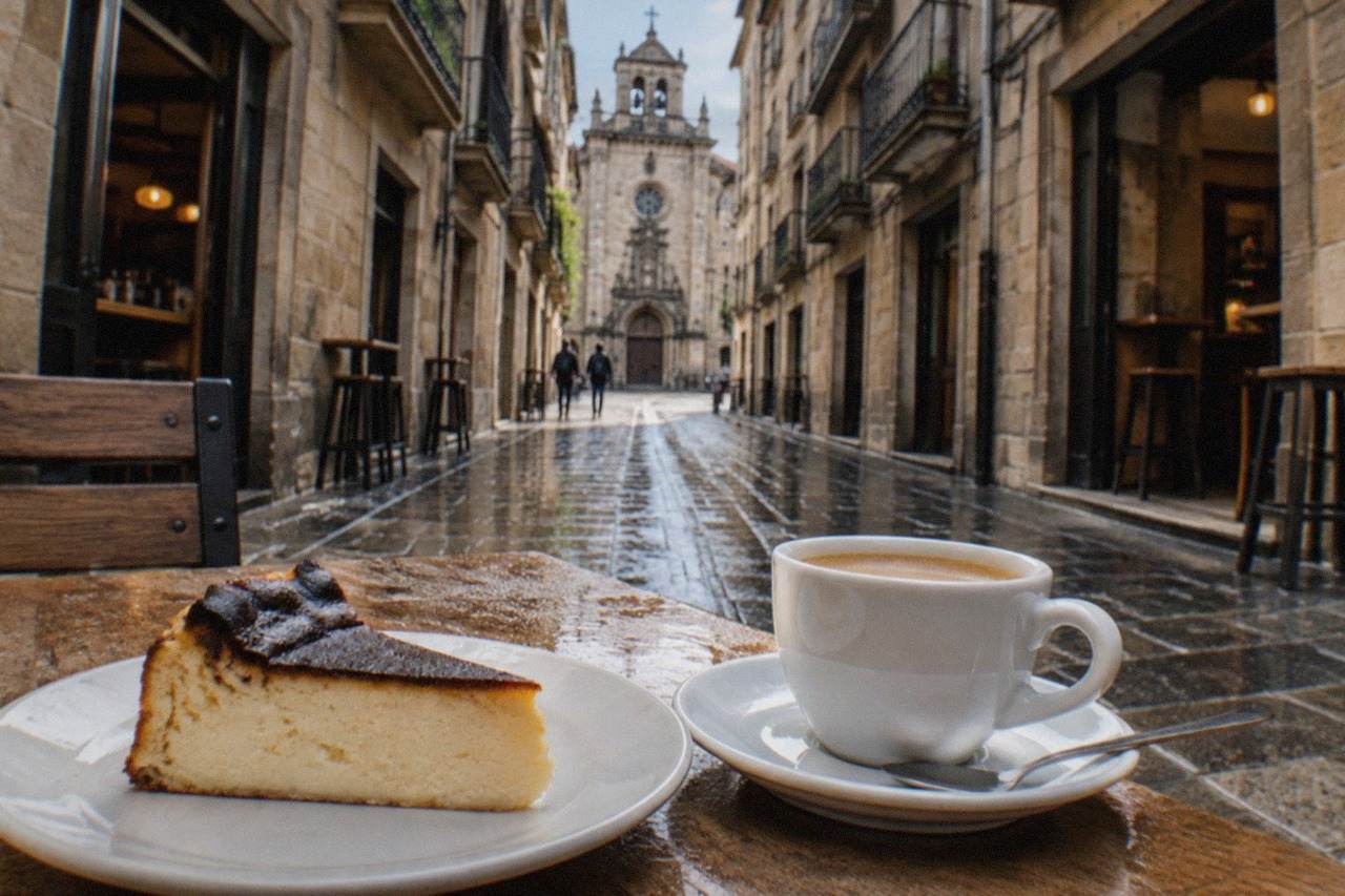 A slice of burnt Basque cheesecake with a dark caramelised top on a small plate beside a coffee cup