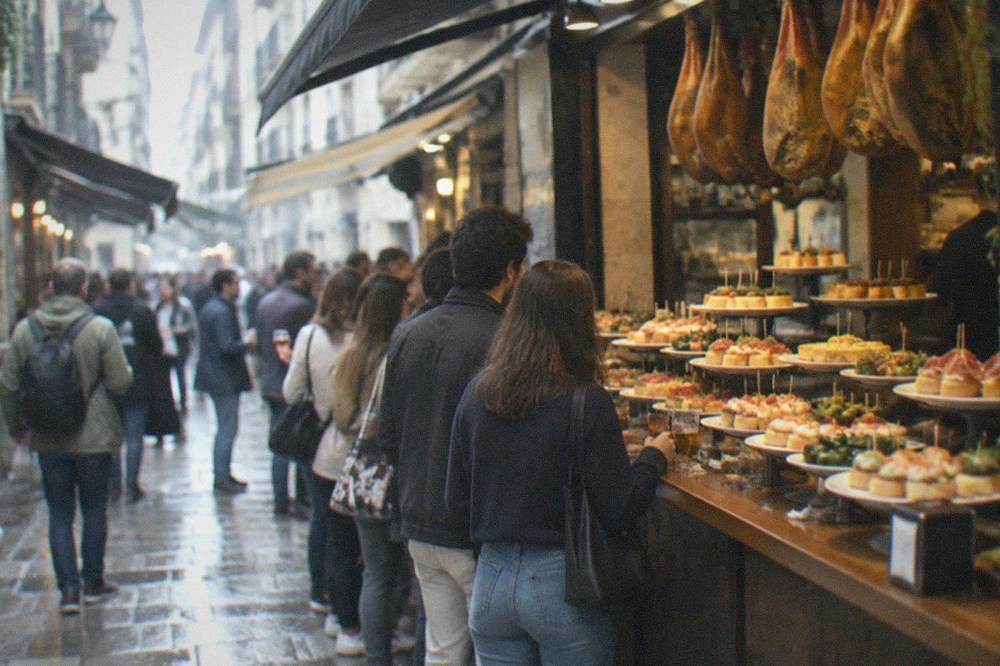 A narrow Old Town street in San Sebastián with pintxo bar awnings and people standing at a bar counter