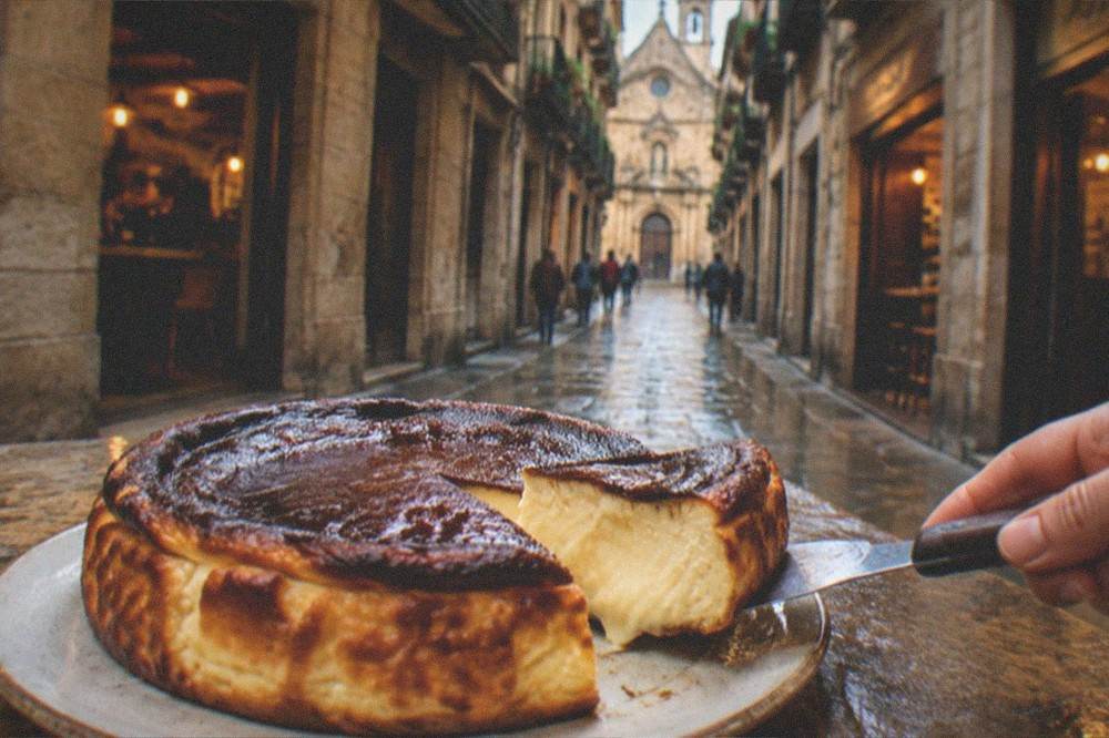 A whole burnt Basque cheesecake being cut into a slice showing the dark top and pale molten centre