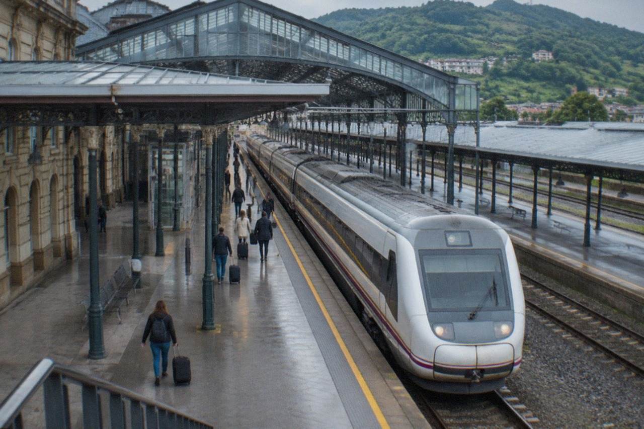 Long-distance train pulling into a Spanish station with green hills behind it