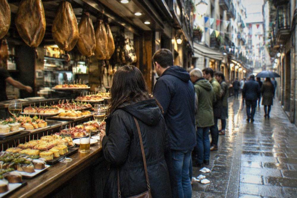 A narrow Old Town street in San Sebastián with pintxo bars and bunting above the doorways