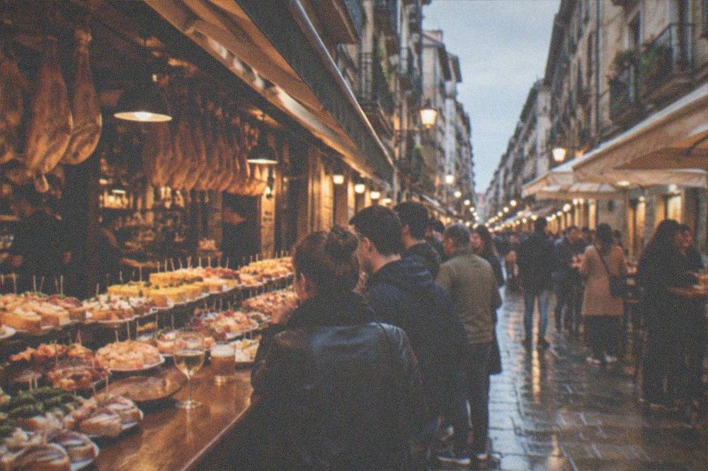 A narrow Old Town street in San Sebastián with pintxo bar awnings and tables in the evening