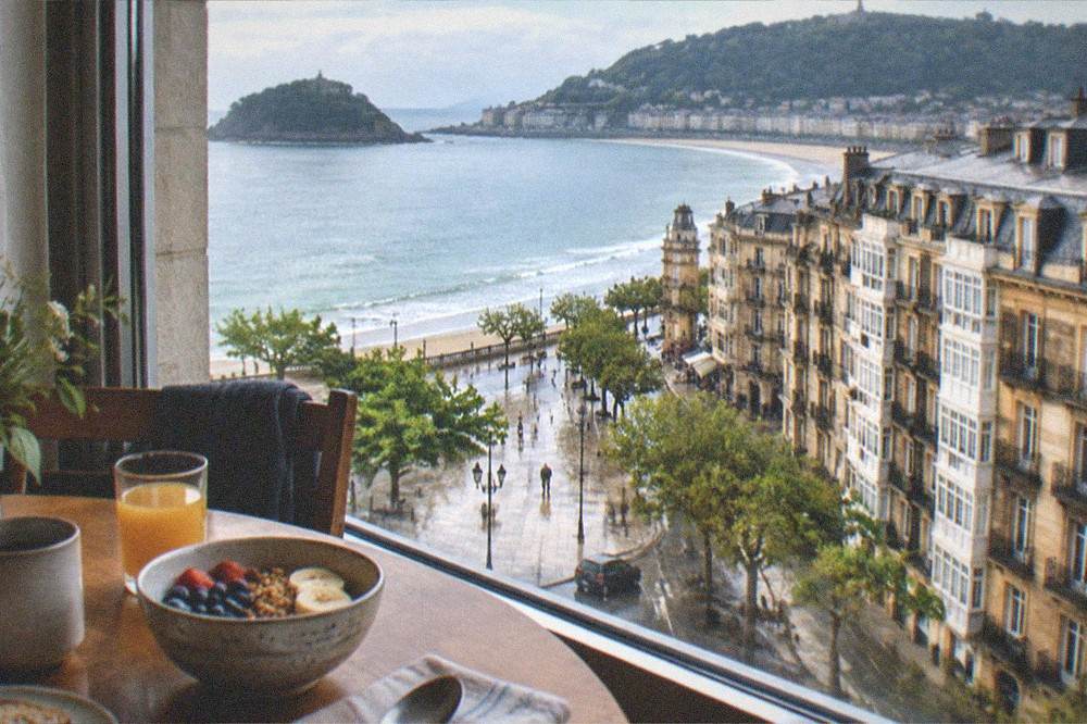 A dining table set beside a window with the bay of San Sebastián in daylight