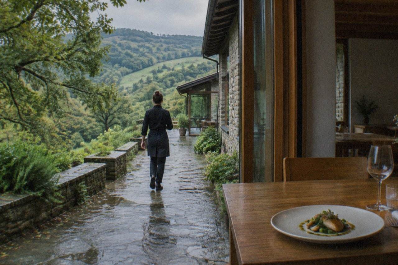 A modern restaurant building surrounded by green hills in the Basque Country