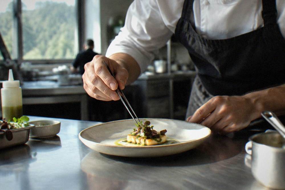 A chef plating a dish with tweezers in a professional kitchen