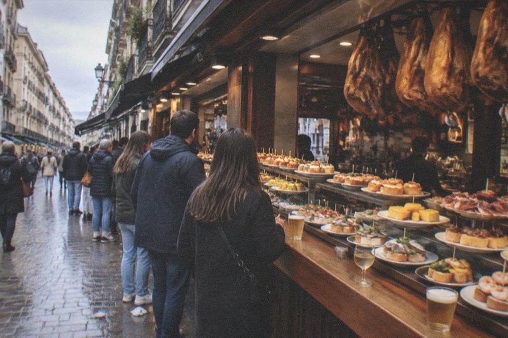 A row of pintxo bars with plates of small bites displayed on the counter