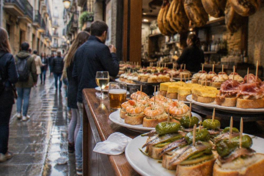 A narrow old town street in San Sebastián with pintxo bars and pedestrians filling the space