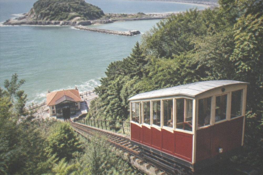The wooden funicular car of Monte Igueldo at the lower station by the seafront