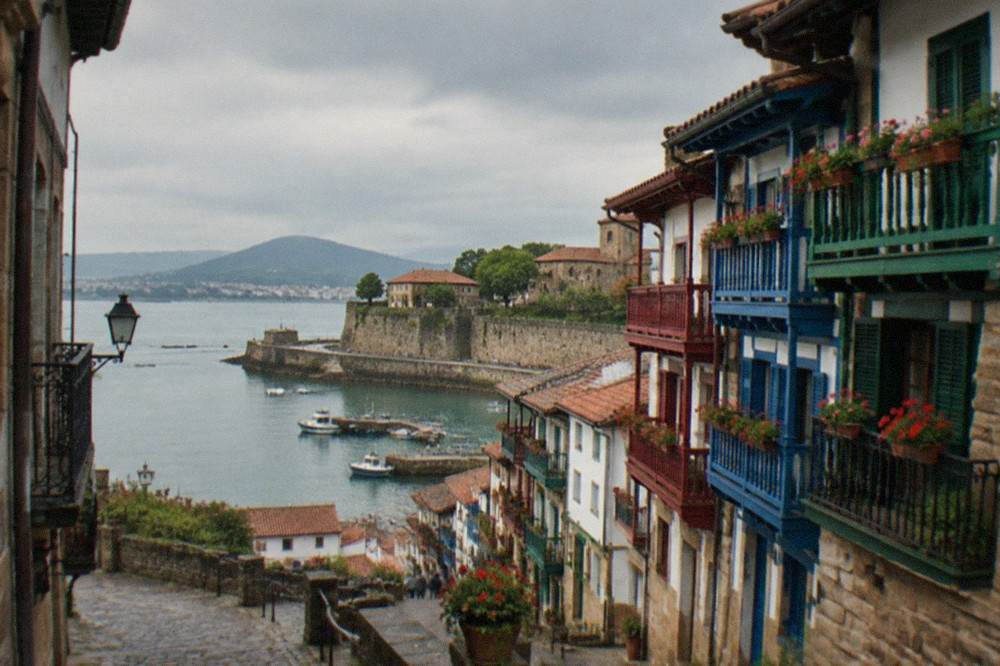 Hondarribia old town with colourful timber-framed houses near the airport