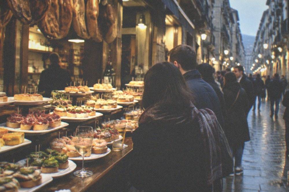 The Old Town of San Sebastián at dusk with pintxo bars lit along a narrow street