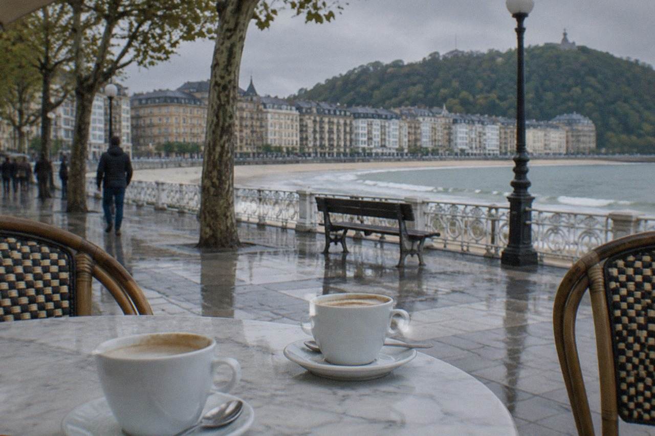 A morning café terrace beside the bay in San Sebastián with coffee cups on a marble table