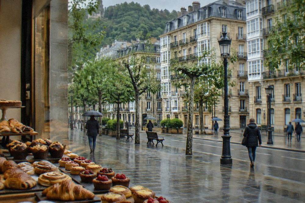A bakery window display of pastries in the old town of San Sebastián in the early morning