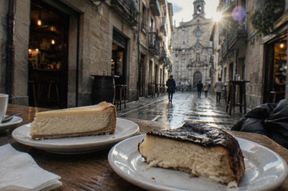 Two slices of cheesecake side by side, one pale and firm, one dark topped and soft