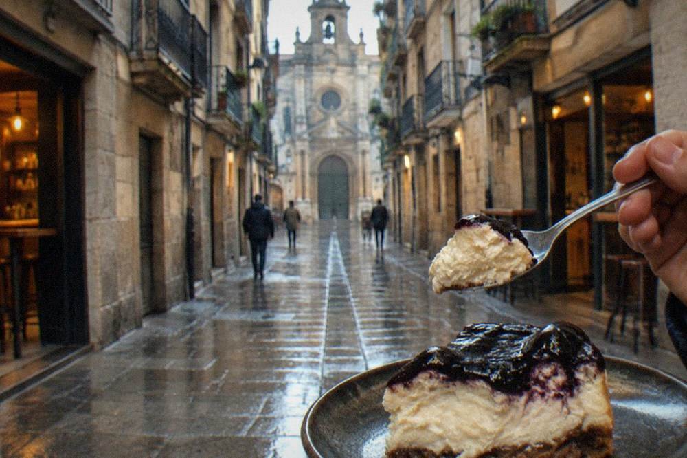 A creamy spoonful of soft cheesecake centre being lifted from a dark topped slice