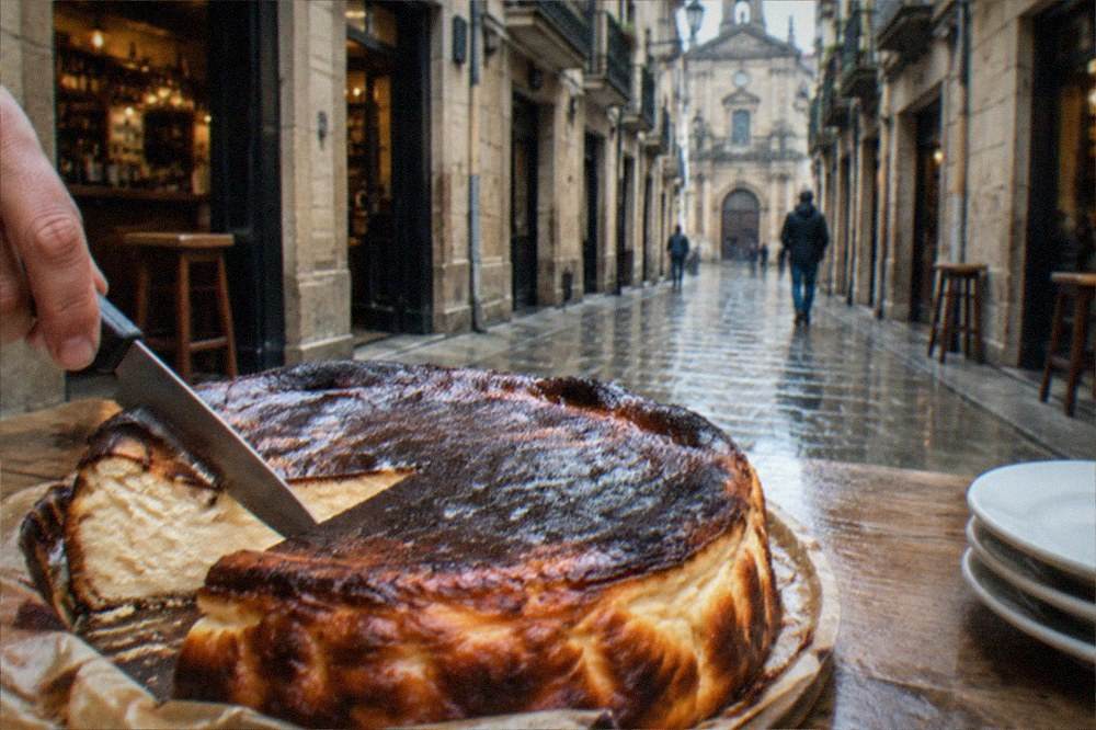 A whole burnt cheesecake being cut with a knife showing the soft pale interior under the dark top