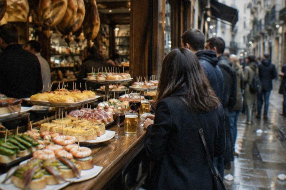 A busy evening street of pintxo bars in an old town, with people standing at the bar windows