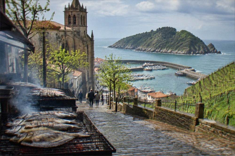 The fishing port of Getaria with txakoli vineyards on the hillside above
