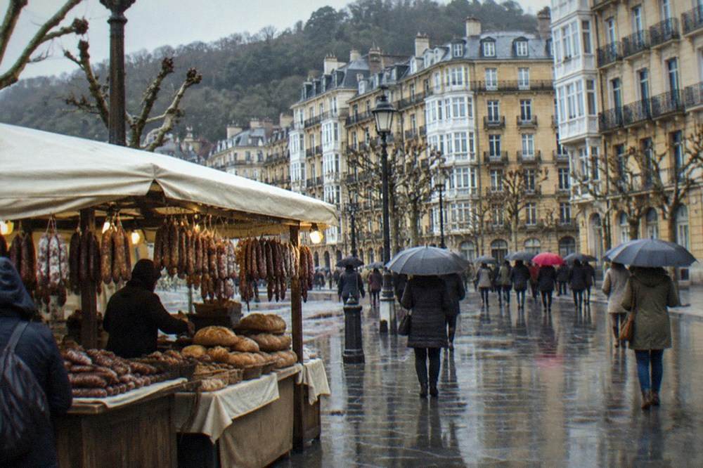 An outdoor fair stall selling Basque sausages and bread at a winter street festival
