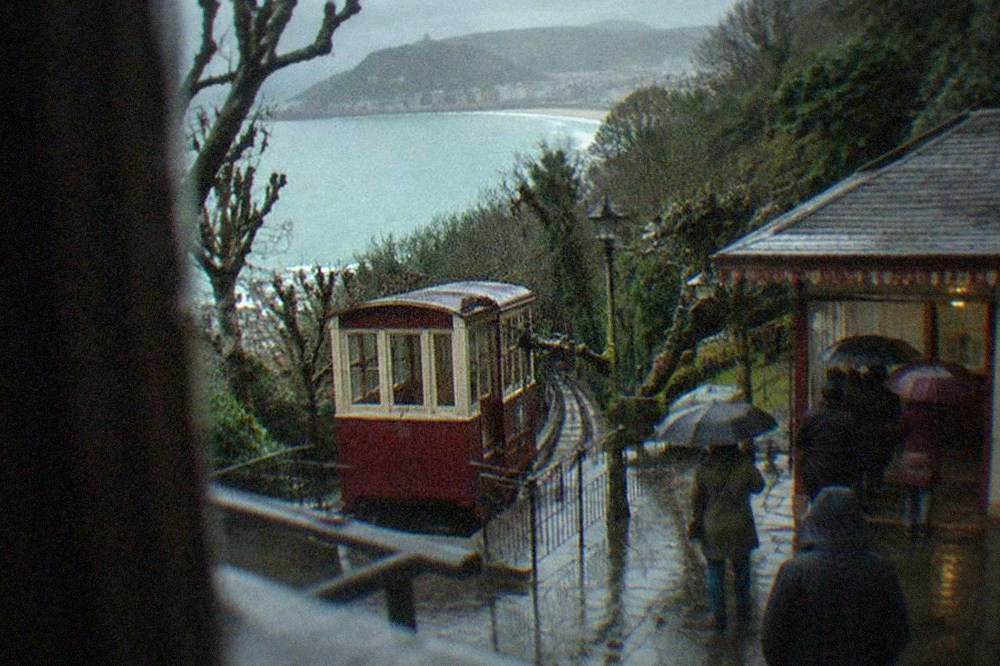 The Monte Igueldo funicular station at the bottom of the hill with its wooden car at the platform