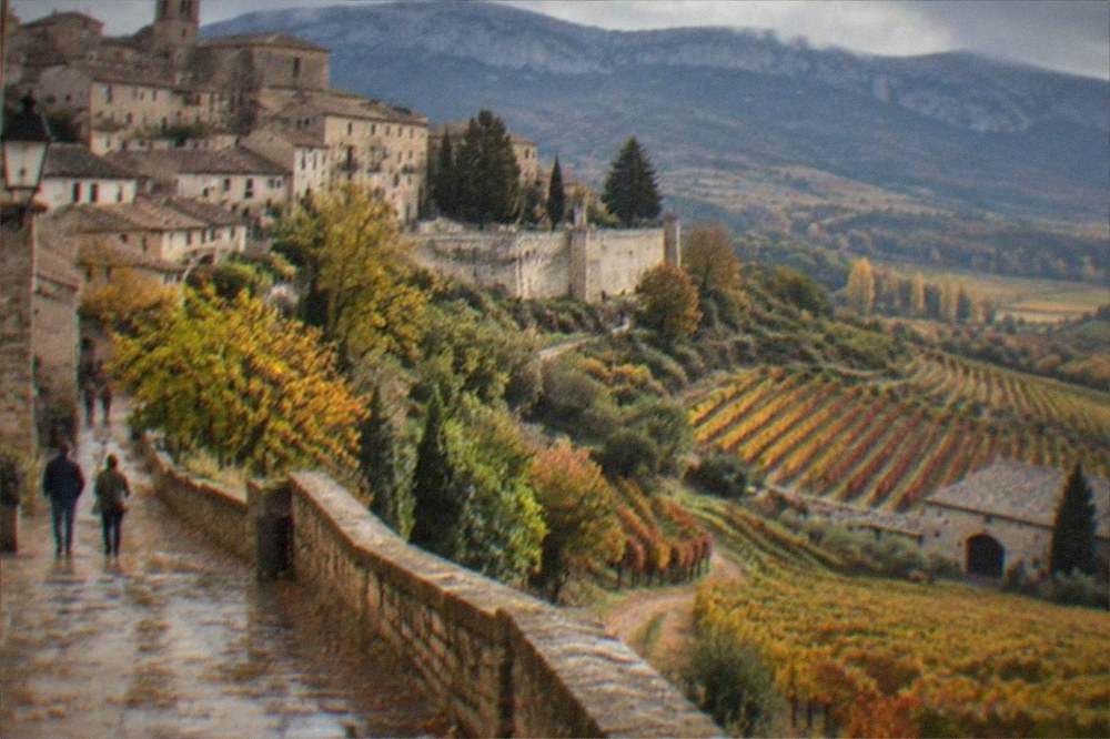 Vineyard rows on green hills in Rioja with autumn colours beginning