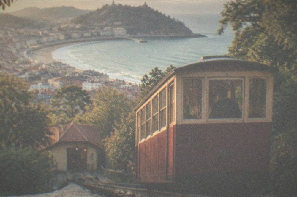 The funicular cars on Monte Igueldo above the bay and rooftops