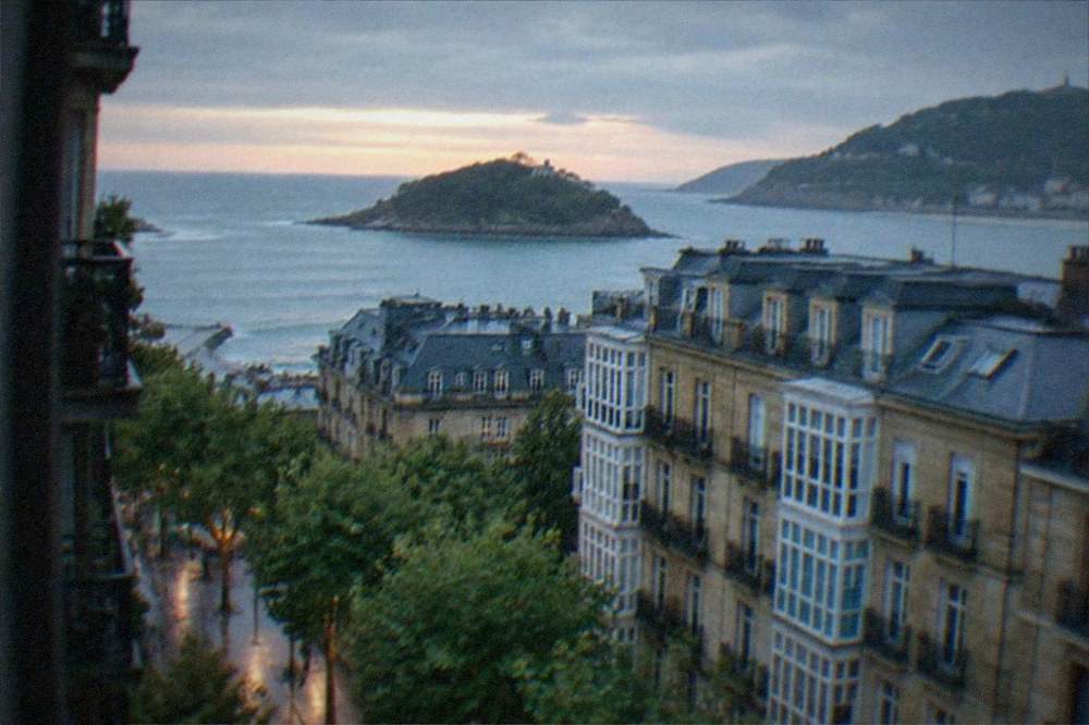 A view over rooftops toward a bay with an island in the middle distance