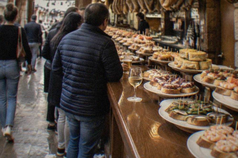 Pintxo bars with crowded counters in the Parte Vieja old quarter of San Sebastián