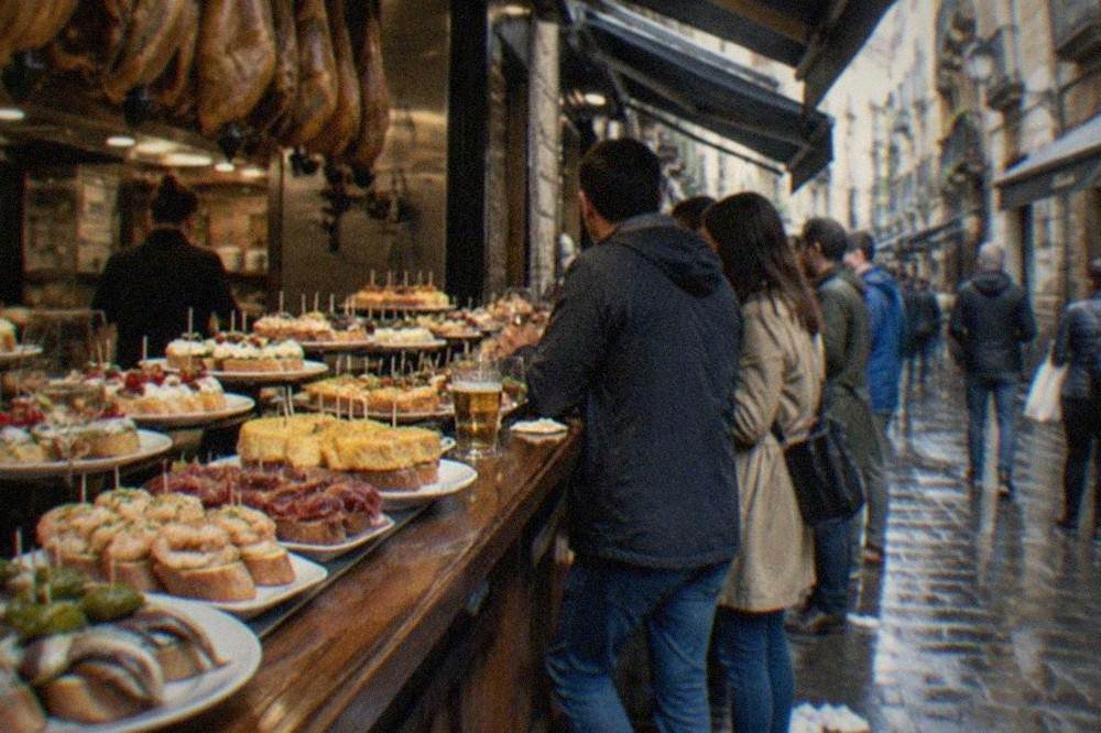 Narrow Old Town street in San Sebastián with pintxo bar awnings and people standing at a bar counter